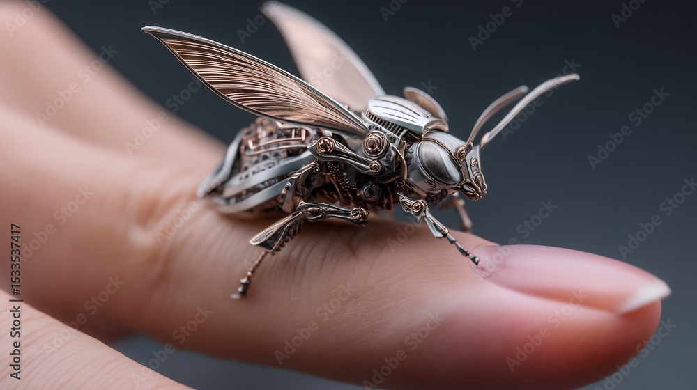 Obraz premium Detailed steampunk insect figurine on a finger.