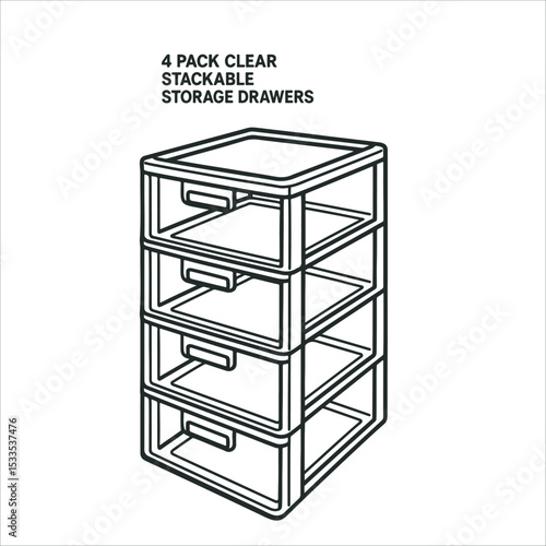 4 pack clear stackable storage drawers vector line art 