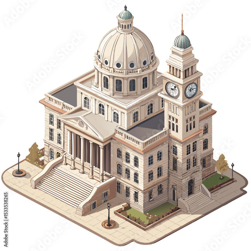 vector of a municipal city hall with dome, steps, and clock tower in isometric structure, isolated on white
