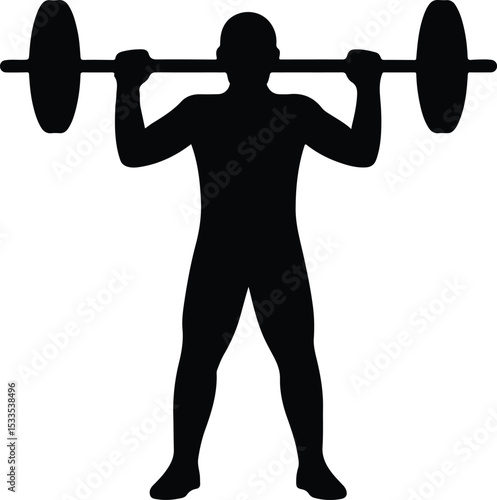 Silhouette weightlifter lifts barbell black and white vector illustration