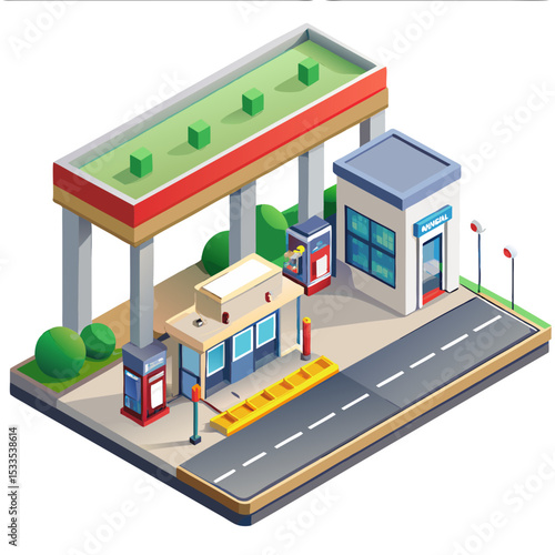 vector of a roadside gas station with fuel pumps, convenience store, and canopy, isometric angle, isolated on white
