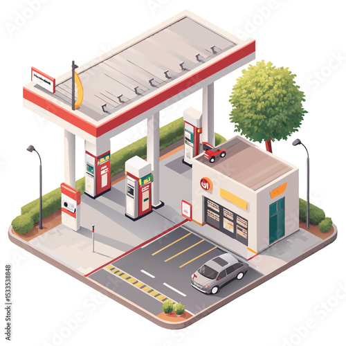 vector of a roadside gas station with fuel pumps, convenience store, and canopy, isometric angle, isolated on white
