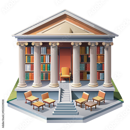 vector of a public library with symmetrical pillars, book sculpture in front, and benches, isometric view, white background
