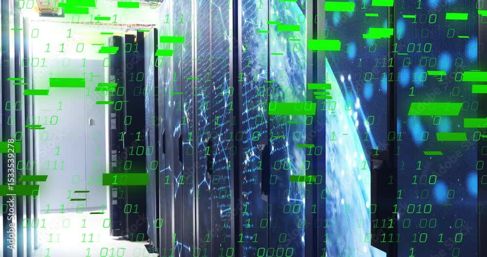 Green binary digits appearing triggers server racks flooding data ...