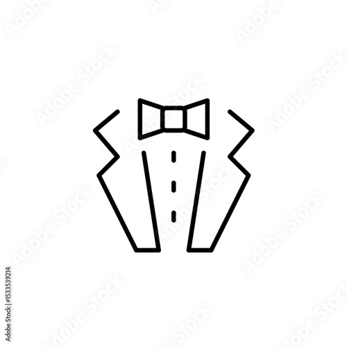 Tuxedo suit with bow tie. Celebration, wedding and high society events. Pixel perfect vector icon