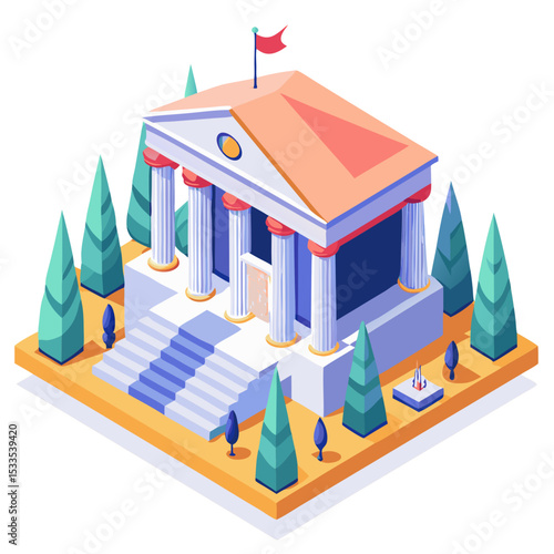 vector of a museum with grand entrance, banner flags, and sculptures in front, clean isometric style, white background
