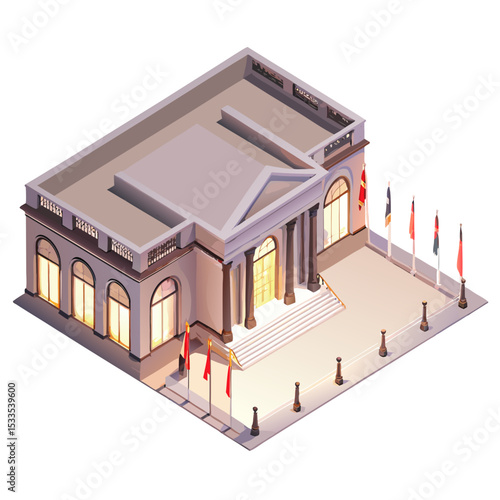 vector of a museum with grand entrance, banner flags, and sculptures in front, clean isometric style, white background
