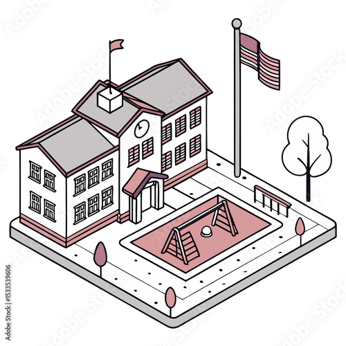 vector of an educational institution with schoolyard, playground, and flagpole in isometric layout, white background
