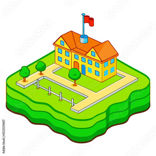 vector of an educational institution with schoolyard, playground, and flagpole in isometric layout, white background
