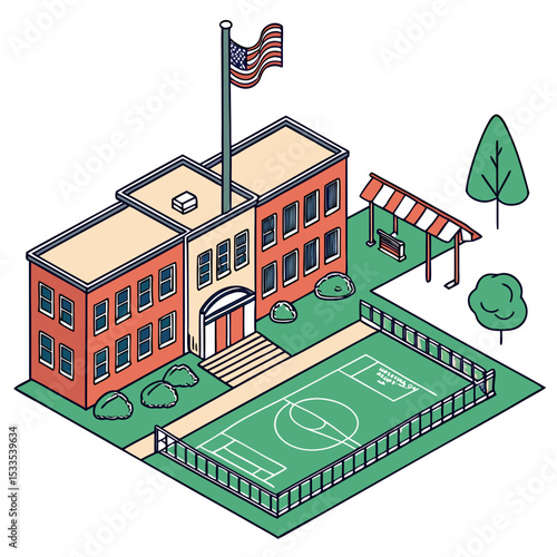 vector of an educational institution with schoolyard, playground, and flagpole in isometric layout, white background

