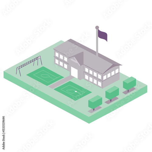 vector of an educational institution with schoolyard, playground, and flagpole in isometric layout, white background
