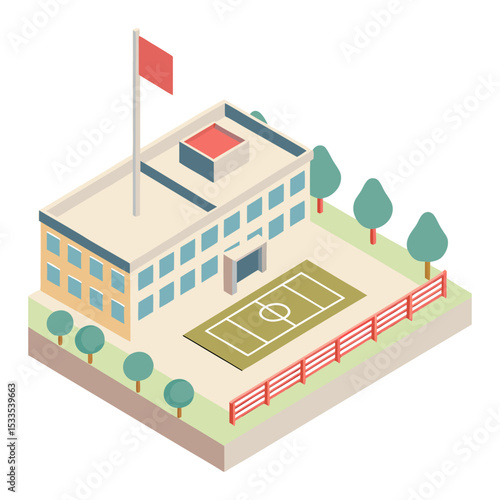 vector of an educational institution with schoolyard, playground, and flagpole in isometric layout, white background
