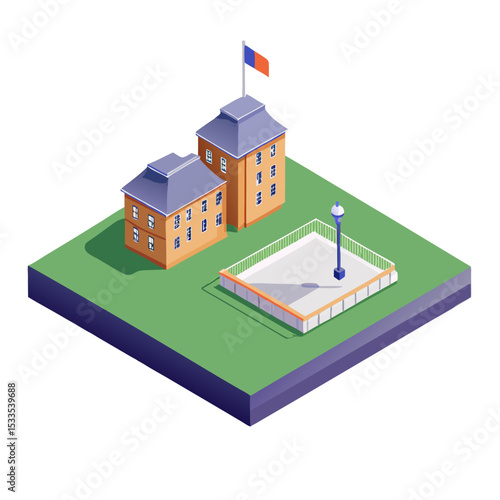 vector of an educational institution with schoolyard, playground, and flagpole in isometric layout, white background
