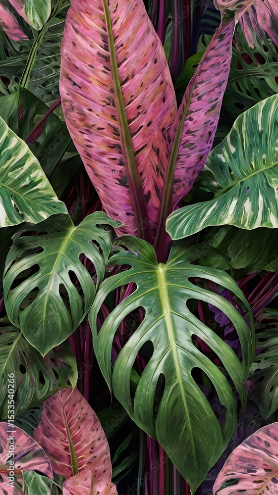 Obraz premium Verdant Foliage Tapestry: A vibrant and intricate tapestry of diverse tropical leaves, showcasing an array of captivating shapes, sizes, and vivid hues.