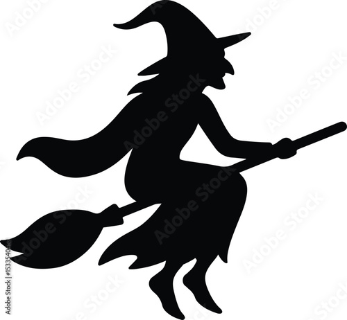 Silhouette Witch riding broomstick Halloween holiday vector illustration