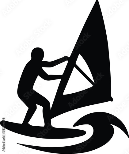 Silhouette windsurfer on wave black and white vector illustration