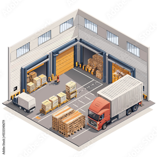 vector of an industrial warehouse with shutter doors, pallets, and trucks, viewed in isometric layout, isolated on white
