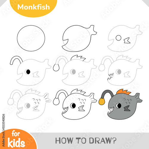 How to draw a cute monkfish in simple step by step tutorial. A fun sea-themed activity for preschoolers and young learners