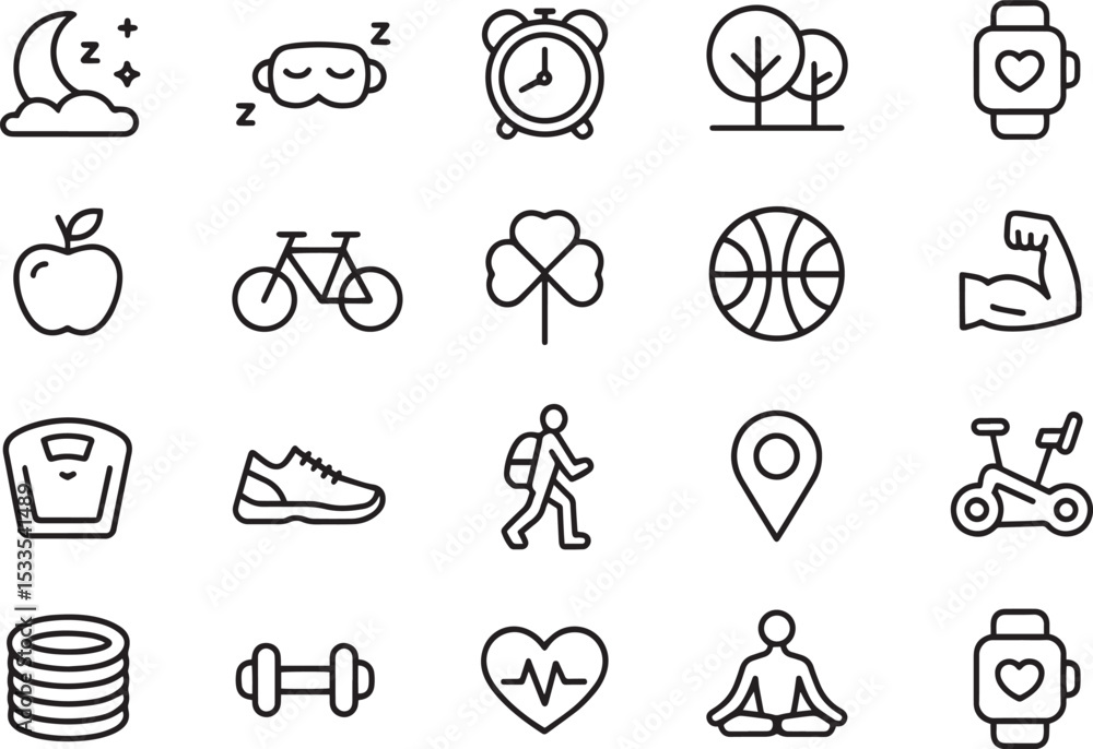 Fototapeta premium Healthy Lifestyle Icons Fitness, Sleep, and Wellness Vector Graphics
