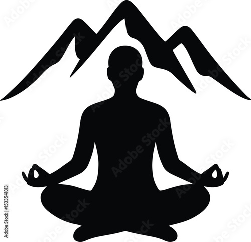 Silhouette yoga meditation pose with mountains vector illustration