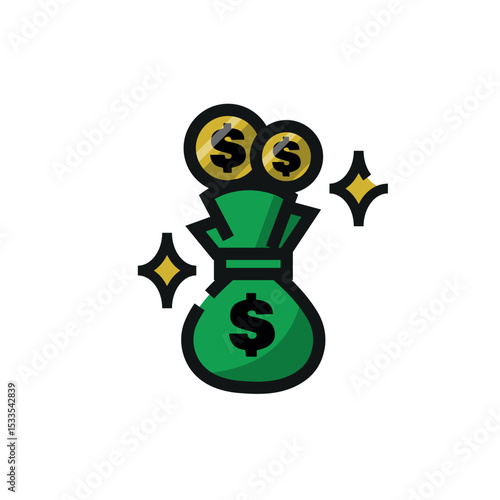 Green money bag filled with gold coins, representing wealth, savings, finances. Suitable for finance, investment, banking, success concepts in design projects.