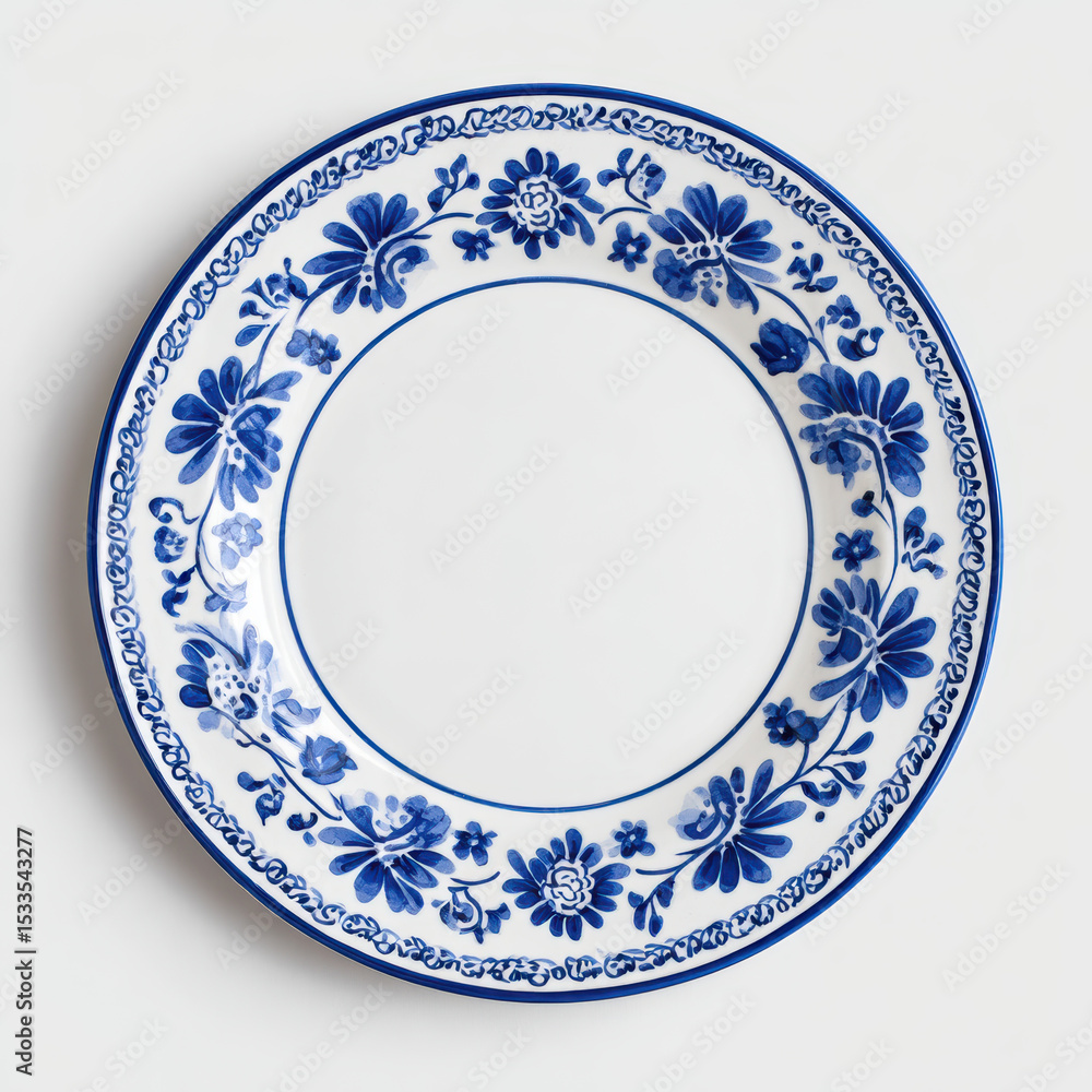 Blue floral decorative plate with white background and intricate border design Blue floral decorative plate with white background and intricate border design