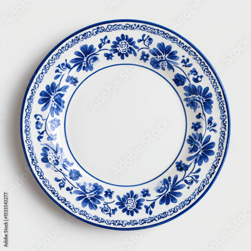 Blue floral decorative plate with white background and intricate border design