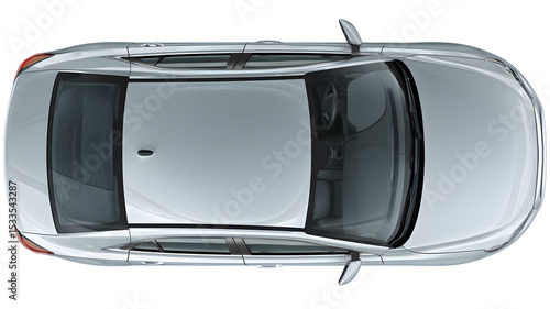 Top down view of a modern silver car showcasing the vehicle's roof windshield and interior details on a black background