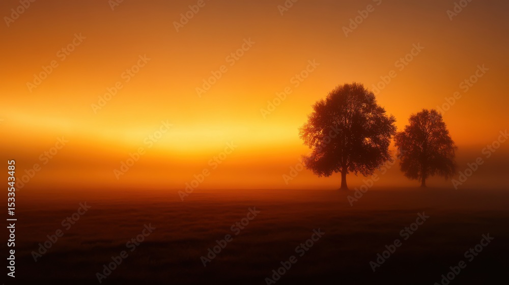 Fototapeta premium Foggy empty field at sunrise with a soft orange glow piercing through the mist, mysterious and peaceful.
