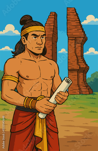 A depiction of Gajah Mada, the legendary prime minister of the Majapahit Empire, holding a rontal (palm-leaf manuscript) symbolizing knowledge, leadership, and his historical oath.
