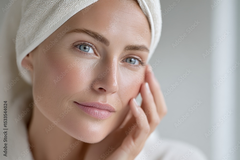Woman With Towel on Head Touching Face, Representing Skincare Routine and Self-Care Wellness, Perfect For Beauty Product Advertising : Generative AI Woman With Towel on Head Touching Face, Representing Skincare Routine and Self-Care Wellness, Perfect For Beauty Product Advertising : Generative AI