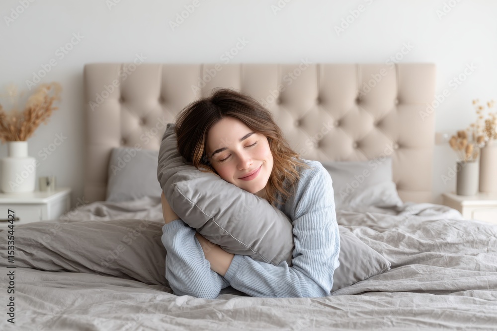Woman Embracing Pillow in Bed, Eyes Closed, Illustrating Comfort and Relaxation for Wellness Content and Mental Health Campaigns : Generative AI Woman Embracing Pillow in Bed, Eyes Closed, Illustrating Comfort and Relaxation for Wellness Content and Mental Health Campaigns : Generative AI