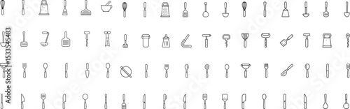 Kitchen Tools Line Icons Set. Utensils, Appliances, Cooking, Baking. Editable Stroke. Vector Illustration