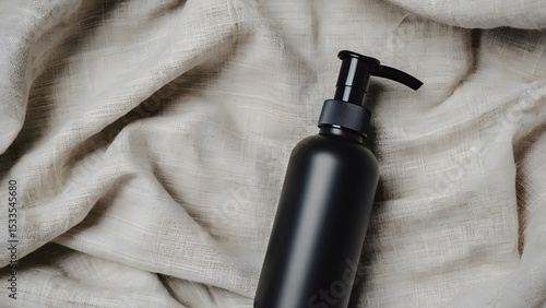 Curved black dispenser bottle on cream fabric
