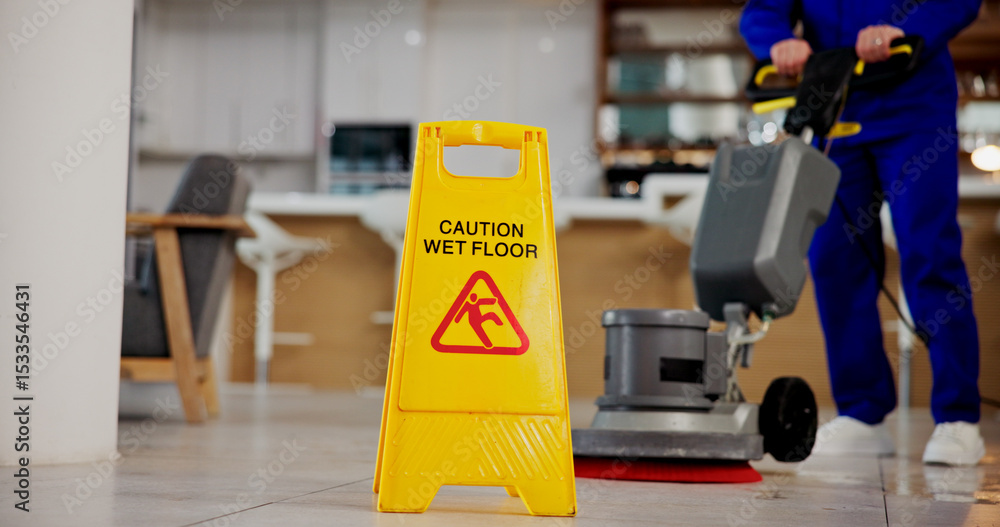 Fototapeta premium Cleaning, service and caution for wet floor, sign and person with equipment for hygiene or business. Board, information and warning for safety, disinfection and routine for sanitation of coffee shop