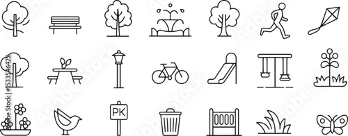Park and Recreation Line Icons Set. Nature, Playground, Trees, Outdoor Activity. Vector Illustration. Editable Stroke
