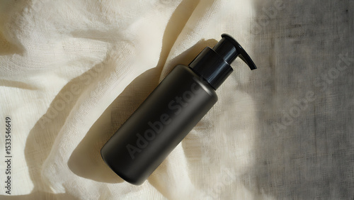 Tilted black dispenser on light linen with shadows