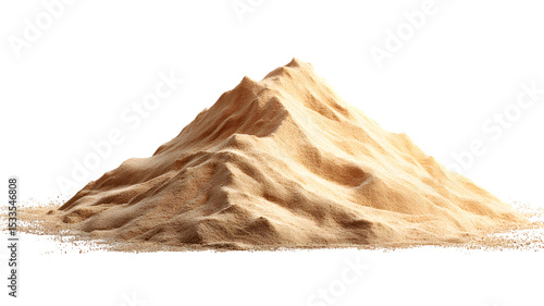 A realistic pile of sand arranged to look like a small mountain formation on a with a soft ambient light isolated on white transparent background PNG cutout