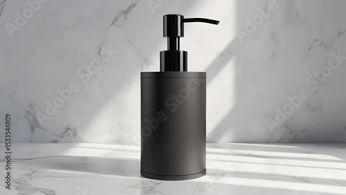 Soap dispenser mockup on white marble with shadow