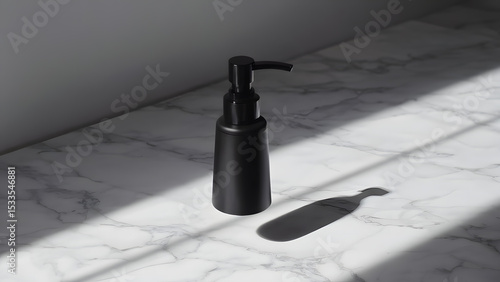 Matte black dispenser on marble surface in sunlight