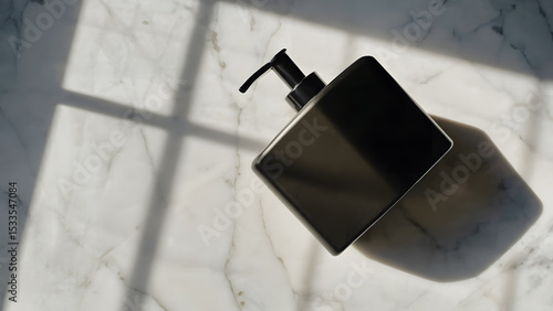 Tilted dispenser bottle with clear shadows on tile