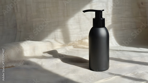 Black pump bottle casting long shadows on linen