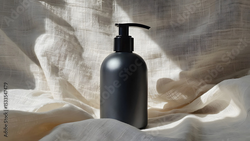 Matte black soap dispenser on wrinkled linen