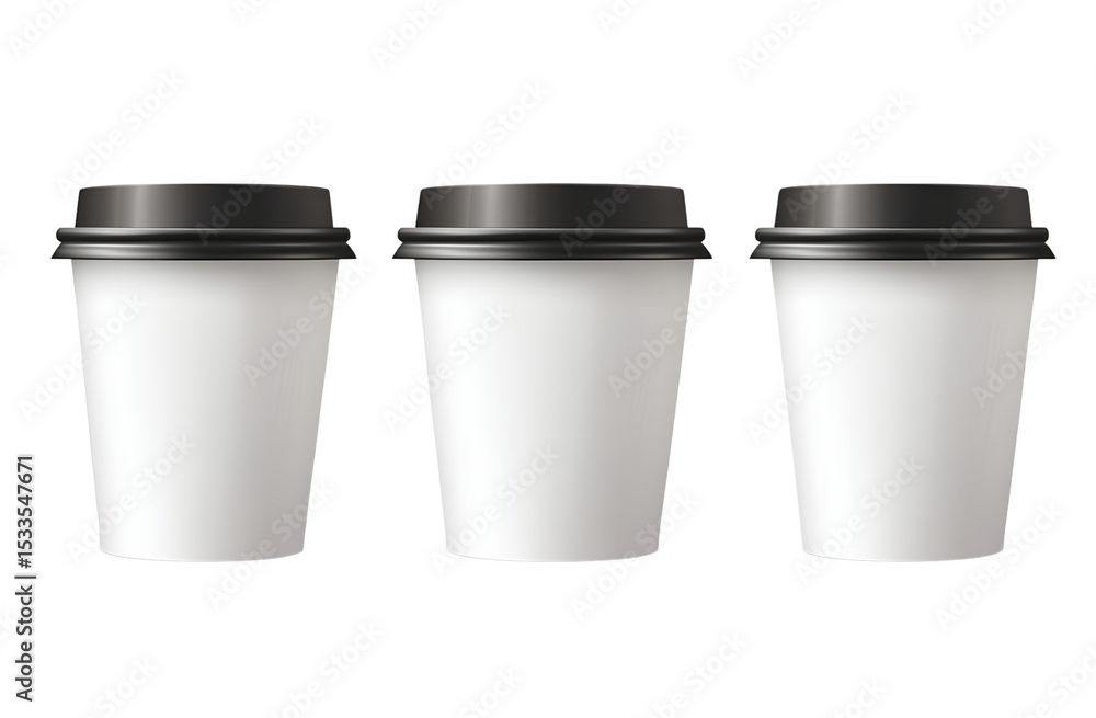 3 white paper coffee cups with plastic lids, transparent background, PNG file, PNG format 3 white paper coffee cups with plastic lids, transparent background, PNG file, PNG format