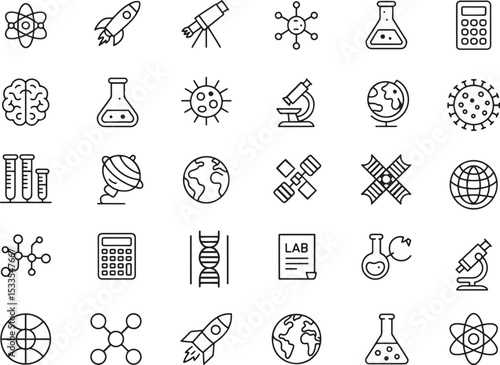 Science Line Icons Set. Research, Experiment, Chemistry, Technology. Vector Illustration. Editable Stroke