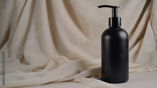 Matte black bottle standing on soft beige fabric