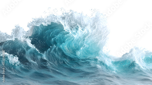 Fototapeta Naklejka Na Ścianę i Meble -  Beautiful blue ocean wave with cascading white foam against a stark black backdrop showcasing power