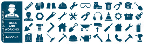 Tools and working safety icons set. Repair, handyman, fixing, work, safety gears, tool logo, icon, sign collection. Vector illustration image. Isolated on white background.