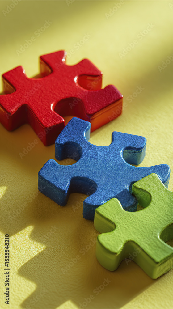 Fototapeta premium Feeling of completeness emanates as vibrant red, blue, and green puzzle pieces rest on table, symbolizing connection and unity