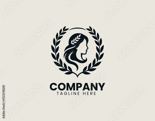 Elegant Laurel Wreath Girl Crowned Beauty Nature Inspired Vector Logo Design